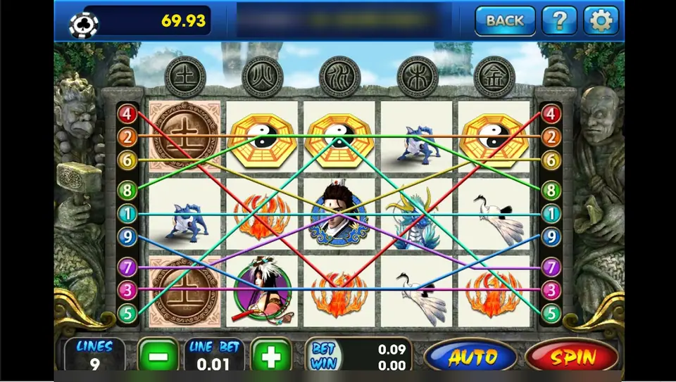 Fong Shen reels on 9 lines with bagua wilds, a fire bird, a blue dragon and a crane between two stone guardians