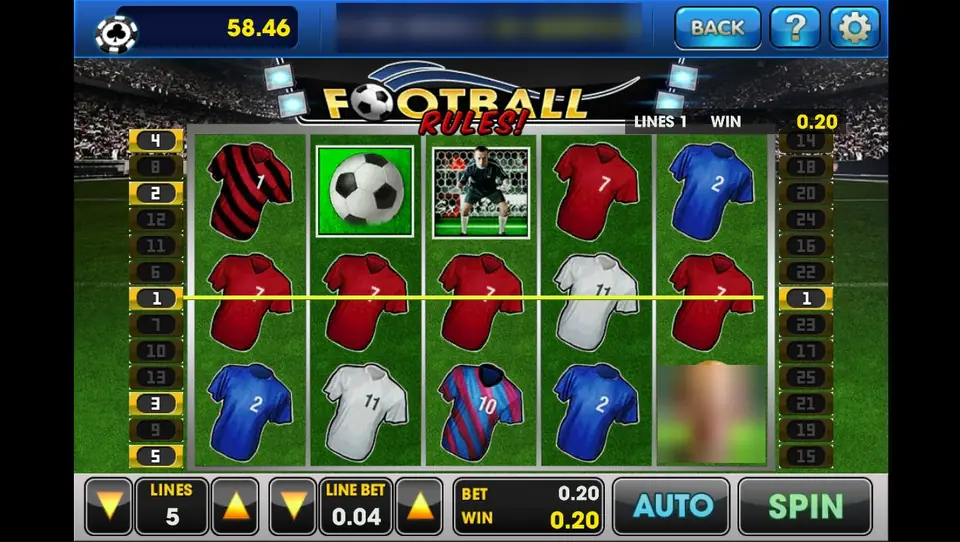 Football Rules reels with three red number 7 shirts paying 0.20 on line 1 at a line bet of 0.04
