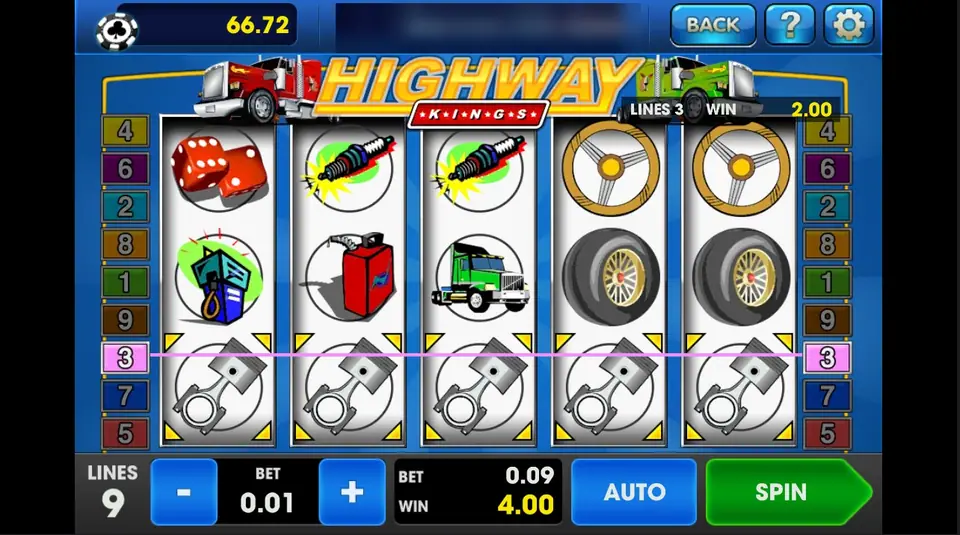 Highway Kings reels with five pistons on line 3 and a win of 4.00 at a bet of 0.09