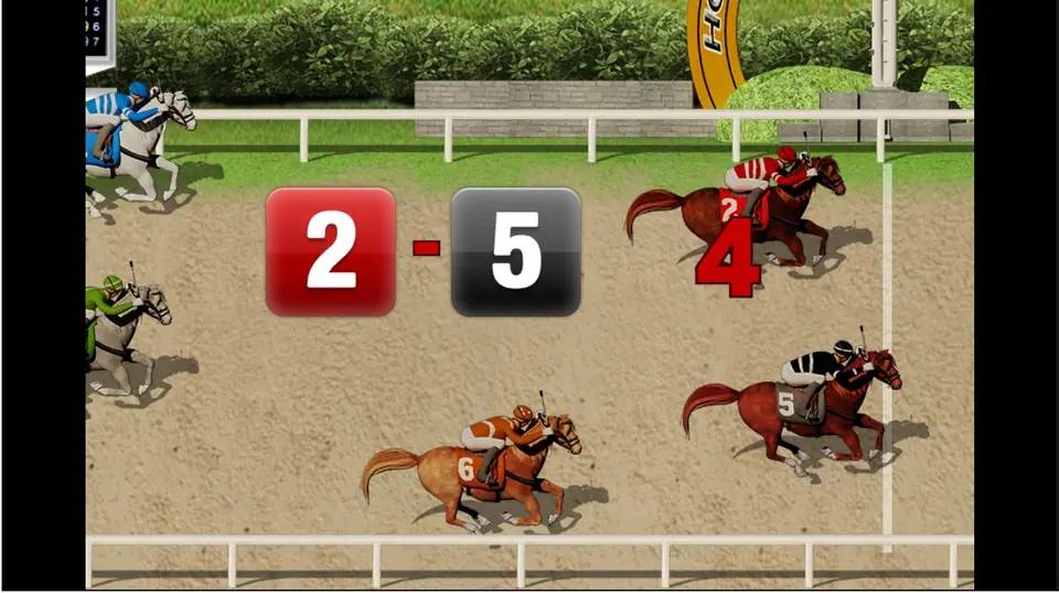 Horse Derby 2015 GI finish with horse 2 in red silks ahead of horse 5 in black and the result 2 and 5 at odds of 4