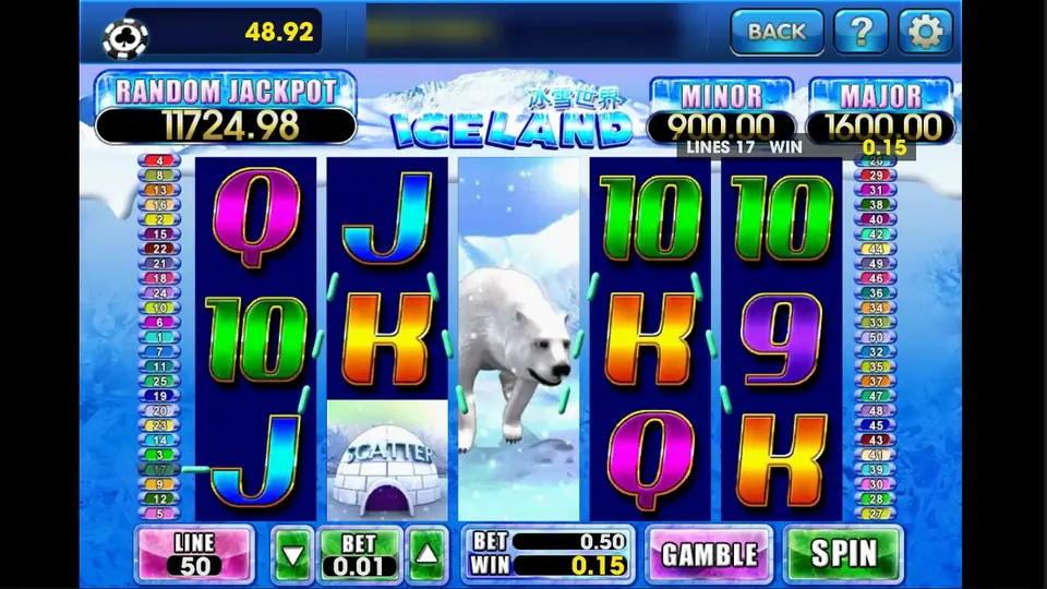 Iceland reels with the polar bear wild covering the whole of reel 3 and a win on line 17