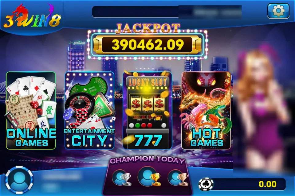 3Win8 lobby with a jackpot counter over four doors: Online Games, Entertainment City, 777 and Hot Games, and a Champion Today podium below