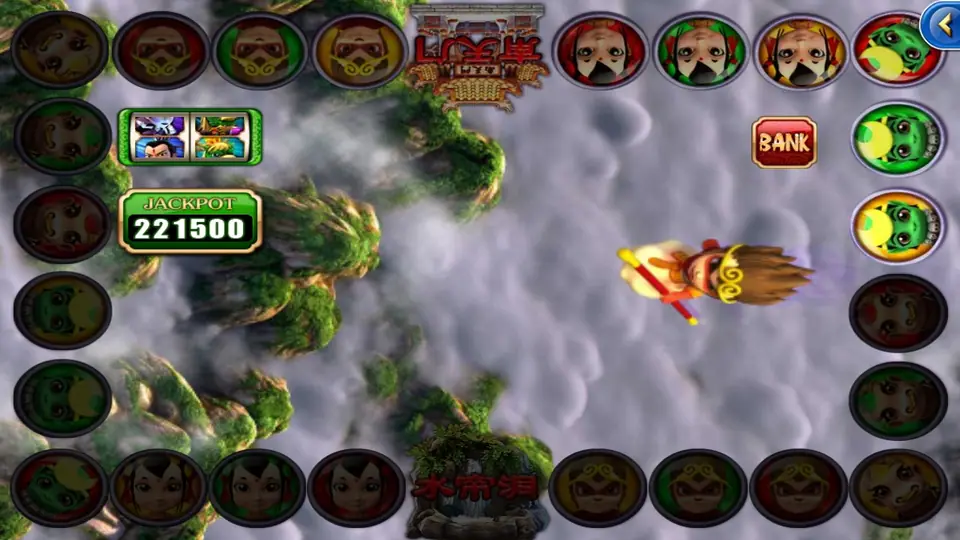 Monkey Story Plus on 918Kiss: the Monkey King flies on his cloud past a BANK sign inside the ring of character tiles