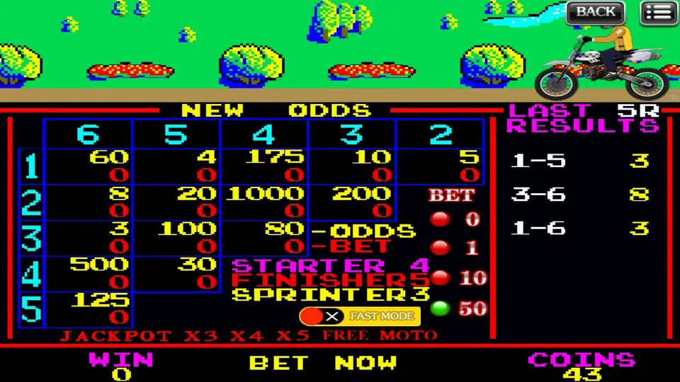 Motorbike on 918Kiss: the New Odds board for every pair of the six riders, the last results and bet buttons for 1, 10 and 50