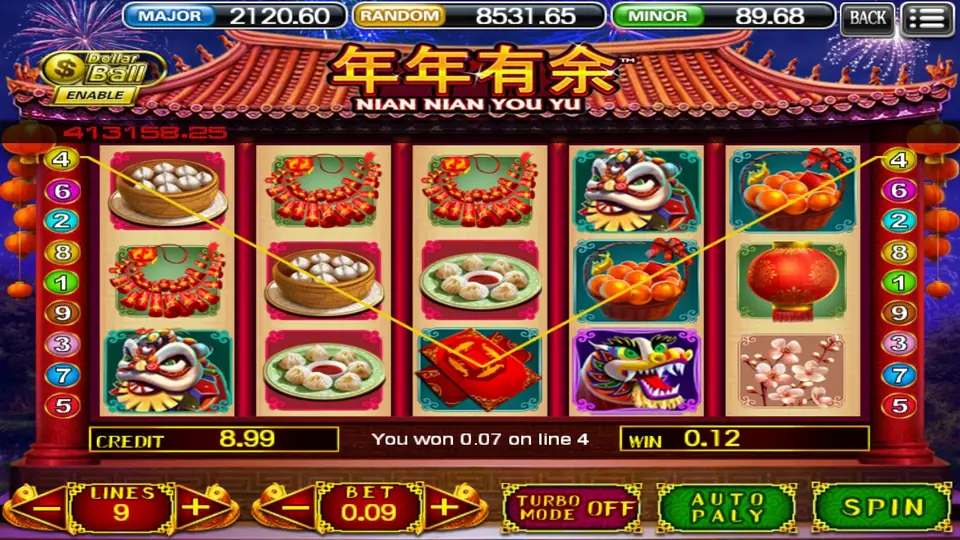 Nian Nian You Yu on 918Kiss: firecrackers, buns, dumplings and lion dance heads on 9 lines, a win of 0.07 on line 4
