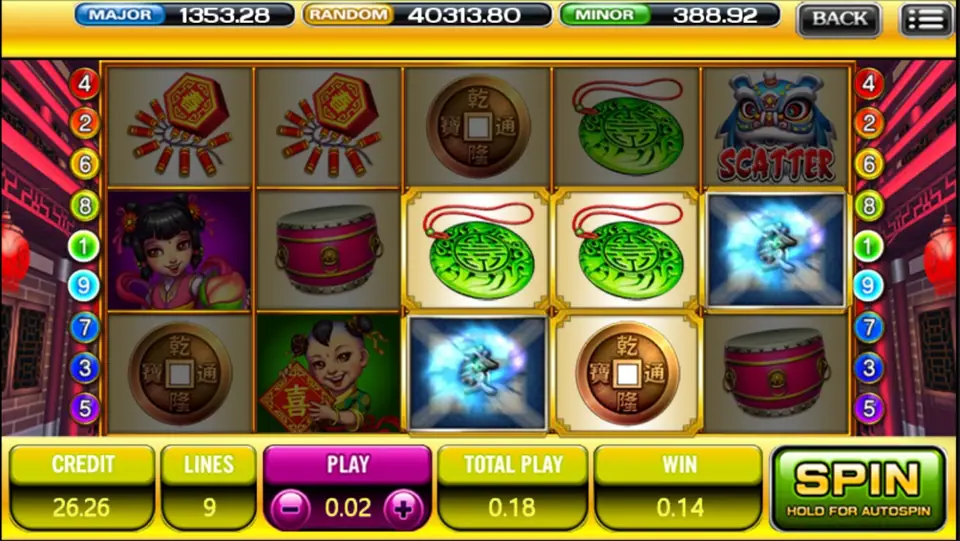 God of Wealth reels with firecrackers, a Qianlong coin, green jade pendants, a drum and a lion dance head marked Scatter, 9 lines at 0.02, win 0.14