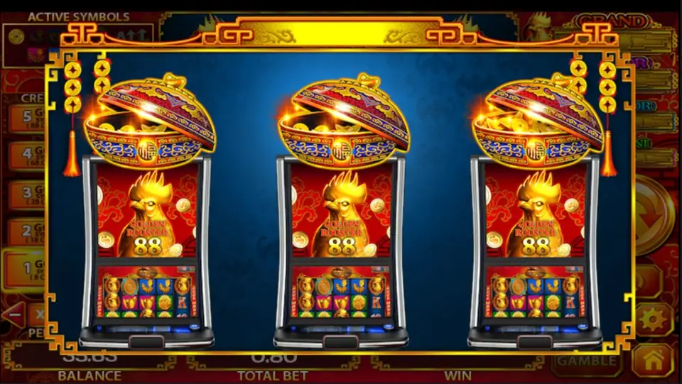 Golden Rooster 88 loading screen with three slot cabinets, each topped by an open porcelain bowl of gold coins
