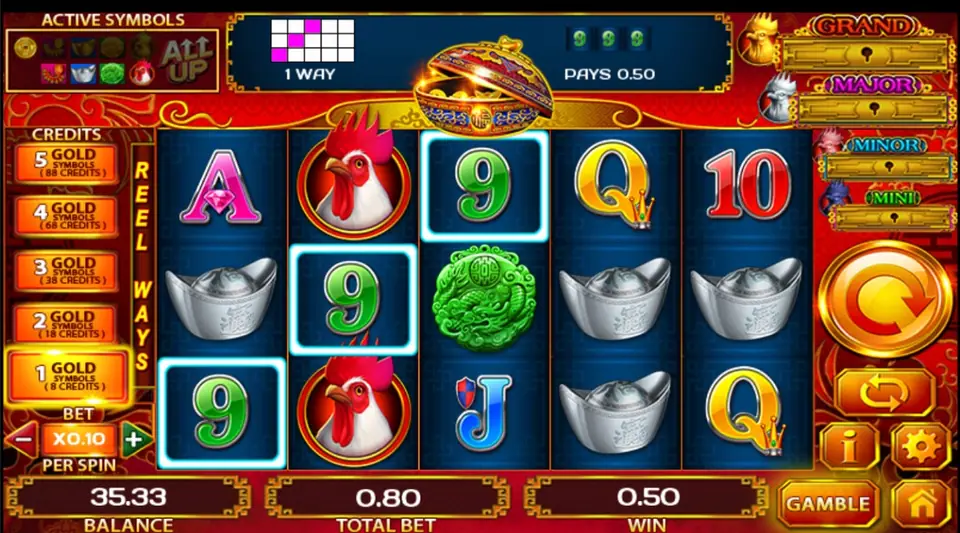 Golden Rooster spin with three green 9s boxed on reels 1 to 3, a 1 WAY diagram and PAYS 0.50, total bet 0.80
