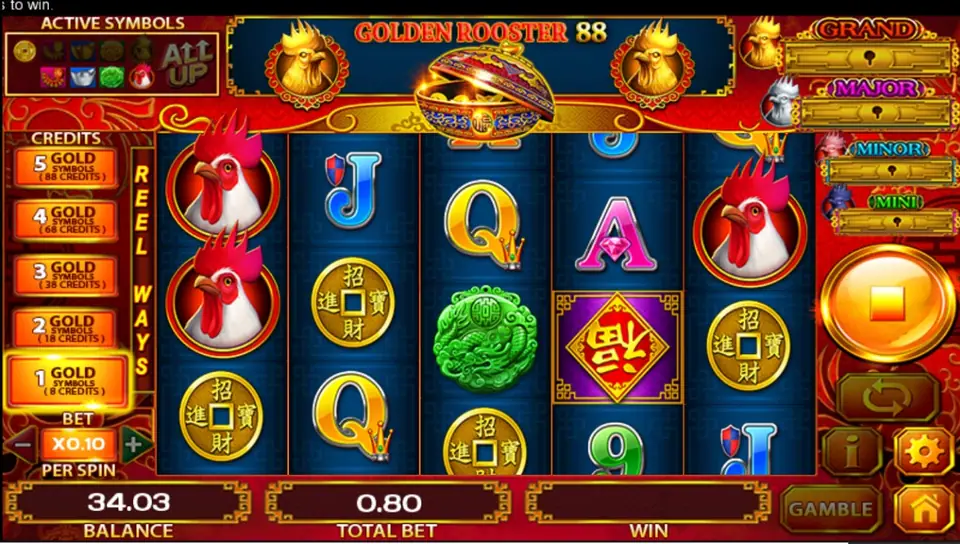 Golden Rooster reels with two rooster heads on reel 1, gold coins, a jade disc and the upside-down 福 diamond on reel 4