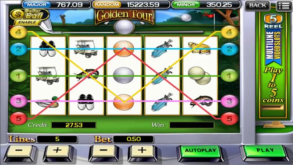 Golden Tour reels with golf shoes, a cart, orange and white balls, a bag, a frog and a fish, 5 lines at a bet of 0.50, Dollar Ball enabled