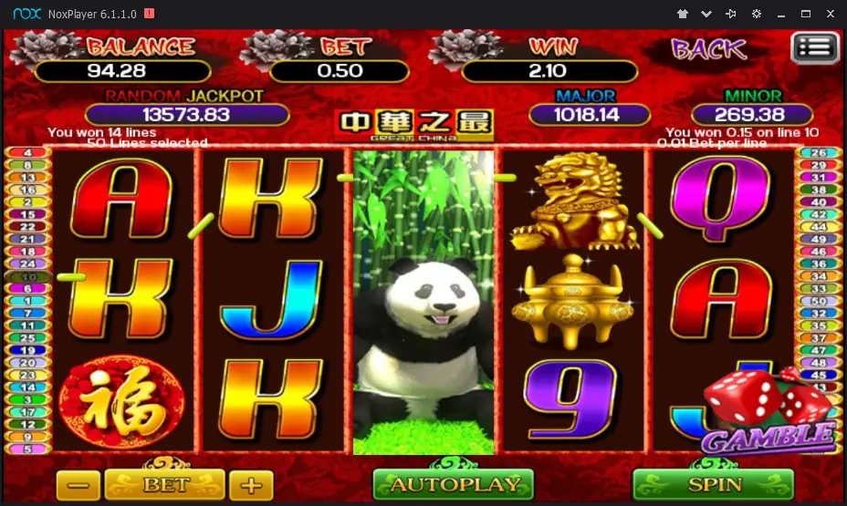 Great China reels with a giant panda filling reel 3, a gold lion and an incense burner, 14 lines won, win 2.10 at a bet of 0.50