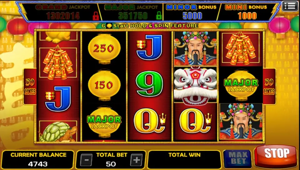 Happy Lantern reels with yellow lanterns worth 250 and 150, a Major Jackpot lantern, Cai Shen and a lion dance head, total bet 50