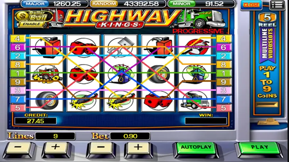 Highway Kings reels with nine lines drawn, a red truck marked WILD on reel 1, dice, a fuel can, a piston and spark plugs, 9 lines at 0.90