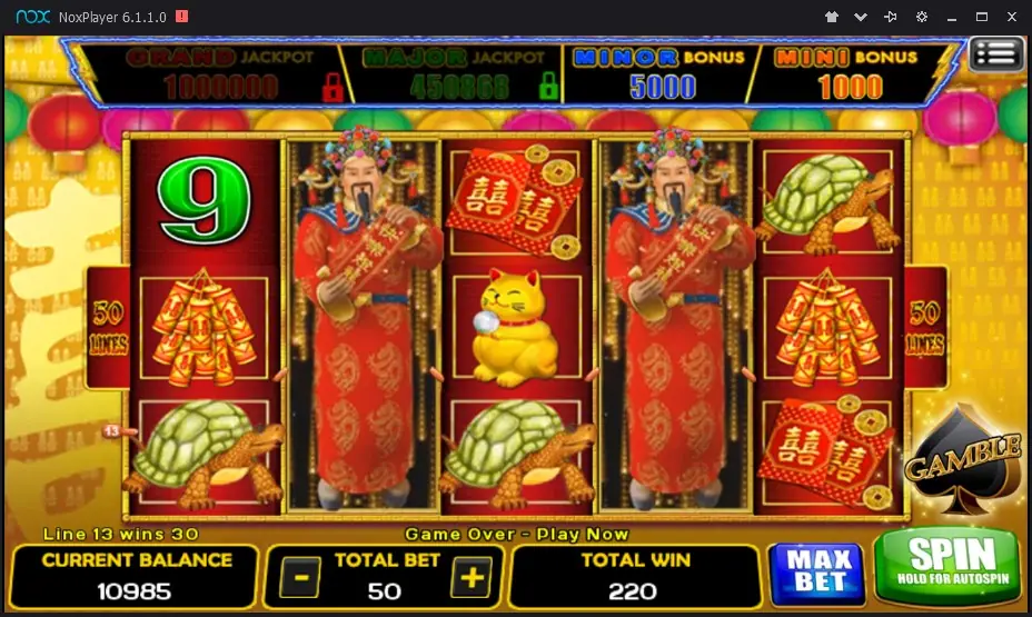 Lightning reels with Cai Shen stacked on reels 2 and 4, turtles, firecrackers and a lucky cat, line 13 wins 30, total win 220