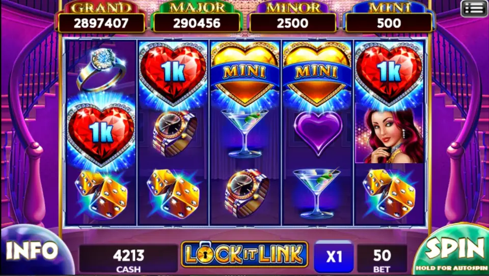 Lock It Link reels with hearts worth 1k and Mini, a diamond ring, a watch, martinis and golden dice, cash 4213, bet 50