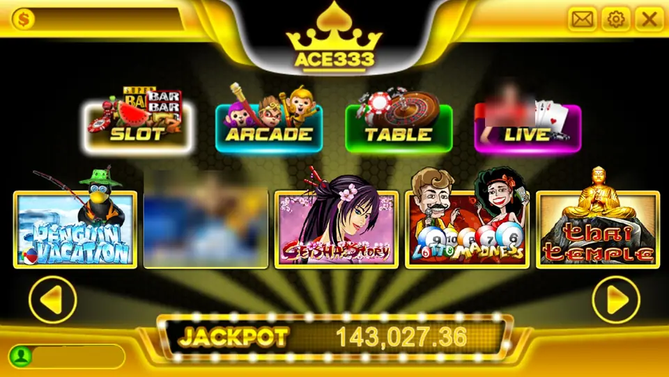 ACE333 lobby with Slot, Arcade, Table and Live tabs, a row of game tiles from Penguin Vacation to Thai Temple and a Jackpot bar at 143,027.36