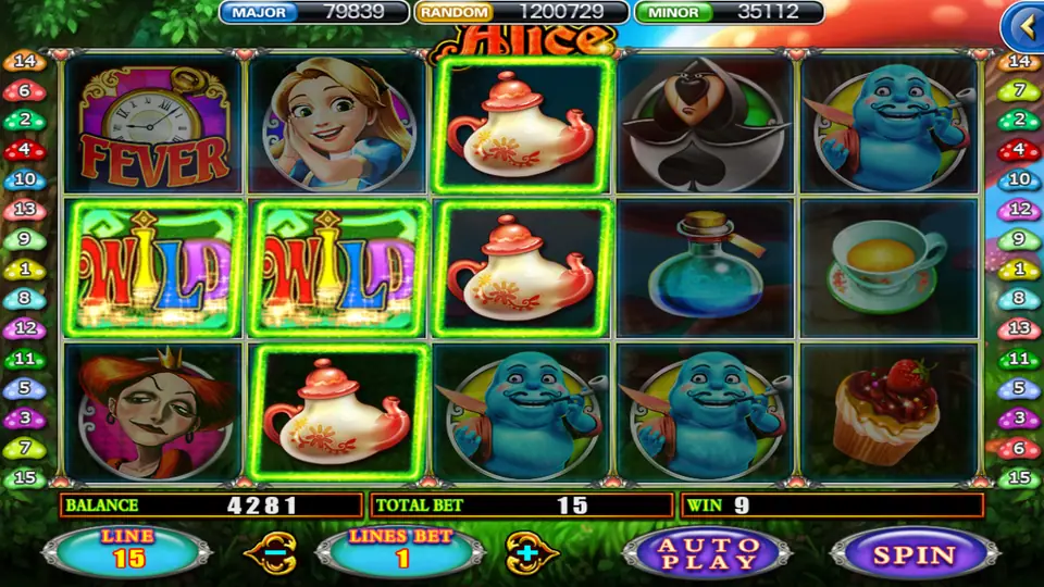 Alice on 918Kiss: two WILD tiles and three teapots light up on a 15-line spin that pays 9