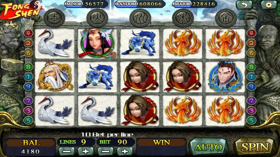 Fong Shen on 918Kiss: cranes, phoenixes, a blue beast and hero portraits under five element coins, 9 lines at 10 a line
