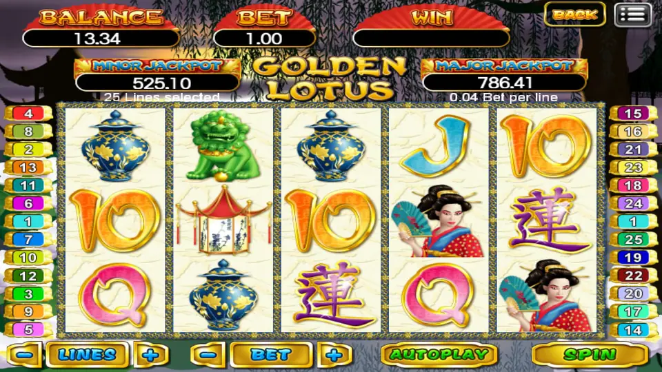 Golden Lotus on 918Kiss with porcelain vases, a green lion-dog, a lantern and the lotus character, 25 lines at 0.04 a line