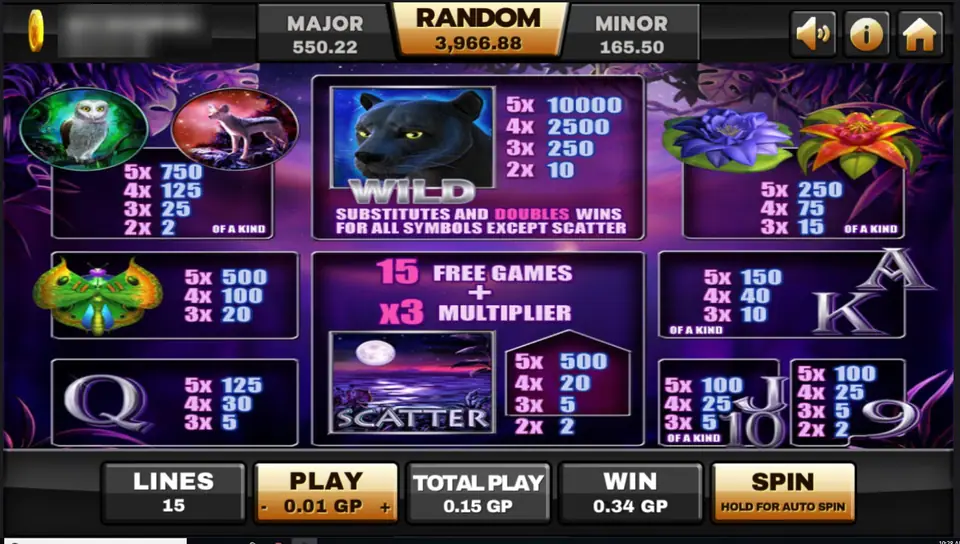 Panther Moon pay table: panther wild paying 10,000 for five, owl and wolf, moth, flowers, and the moon scatter with 15 free games and x3