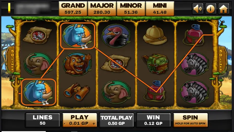 Safari Life spin with an orange line running from two boxed blue rhino badges across the reels, WIN 0.12 GP