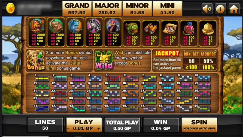 Safari Life pay table: lion 2,000 for five down to the pith helmet at 75, the Bonus explorer, the giraffe wild and the jackpot panel