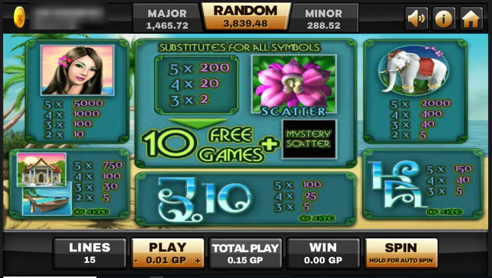 Thai Paradise pay table: the woman at 5,000 for five, the white elephant at 2,000, and the lotus scatter with 10 free games and a mystery scatter