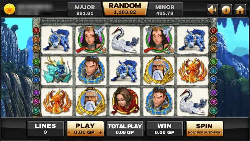Thun Ten God reels on a stone frame between blue cliffs: blue spirit beasts, a goddess, cranes, a teal dragon, phoenixes and the white-bearded sage