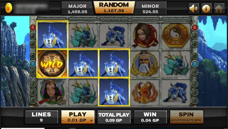 Thun Ten God spin with the gold bagua WILD joining a win of glowing blue beasts, WIN 0.04 GP