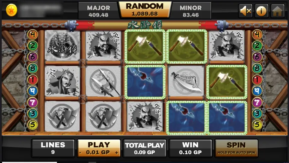 Water Margin win with crossed axes and blue spear symbols lit up and the rest of the reels in grey, WIN 0.10 GP