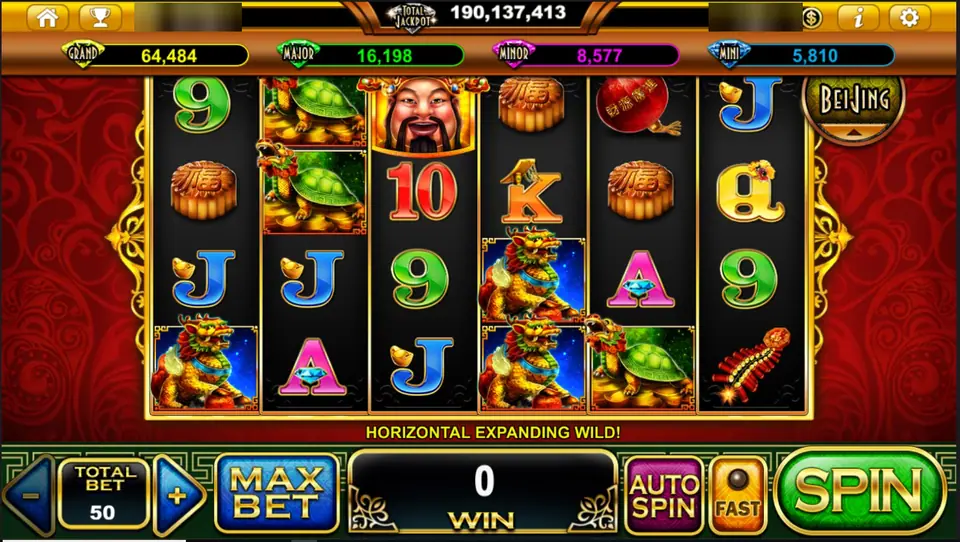 Great Abundance six-reel grid with the God of Wealth, turtles and qilin, and a Horizontal Expanding Wild banner