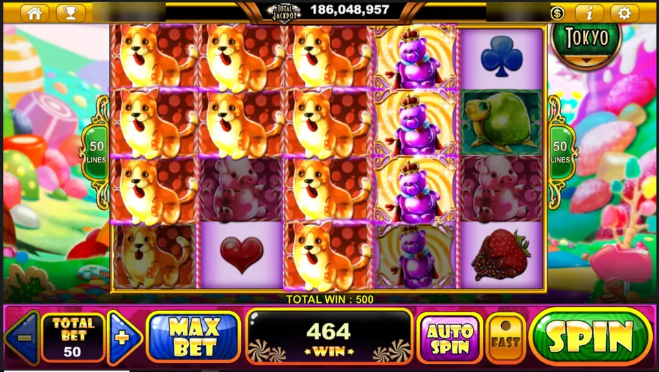 Gummy Wonderland reels covered in stacked gummy corgis with a total win of 500 at a 50 bet