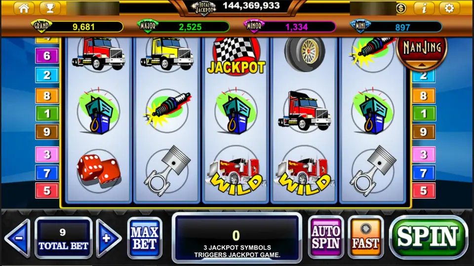 Highway Kings reels with two chrome WILD trucks on reels 3 and 4 and a checkered-flag JACKPOT symbol