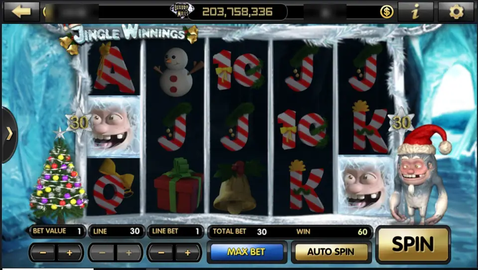 Jingle Winnings reels in an ice cave with two frozen yeti faces on reels 1 and 5 and a win of 60 at a bet of 30