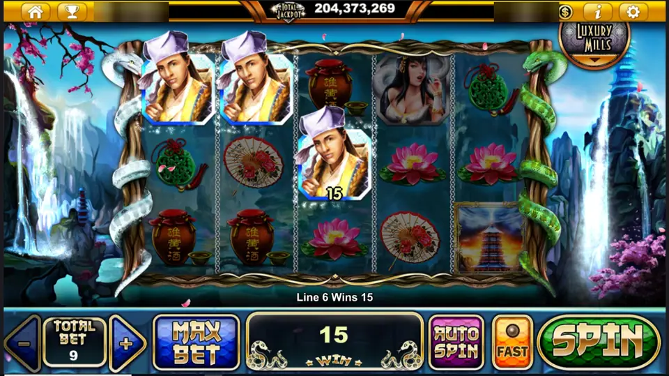 Legend of the White Snake reels with three scholars in lilac caps on line 6, wine jars, paper umbrellas, lotus flowers and a pagoda tile