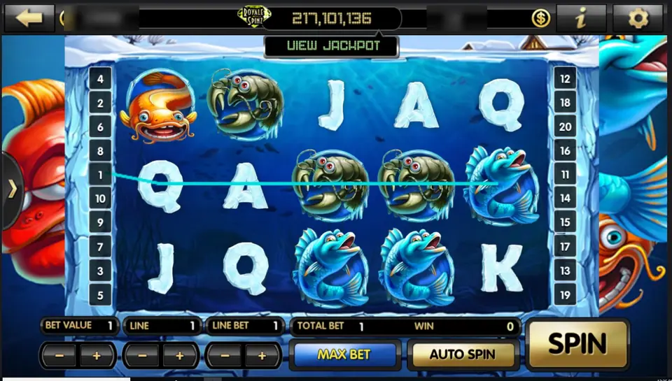 Lucky Angler reels under a frozen lake with a catfish, crayfish, blue fish and ice letters, line 1 drawn across, total bet 1