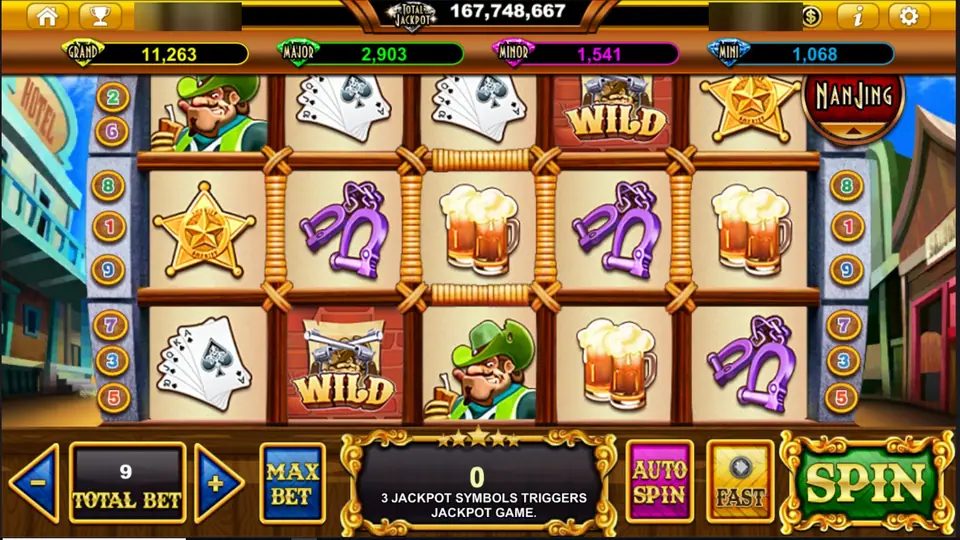 Money Bang Bang reels with two crossed-revolver WILD tiles, beer mugs, sheriff stars and a bandit