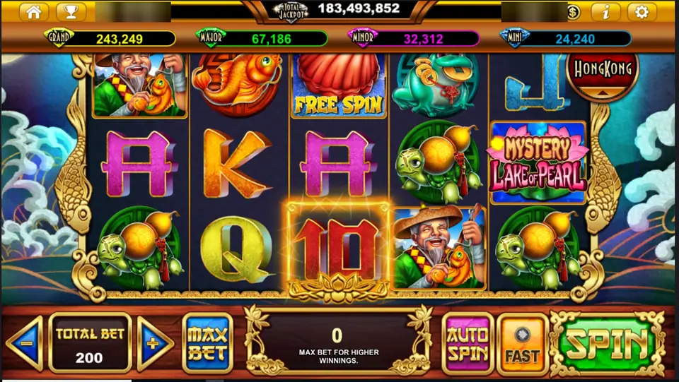 Mystery Lake of Pearl reels with an old fisherman holding a koi, a Free Spin clam, a jade money toad, gourd turtles and the game logo, total bet 200