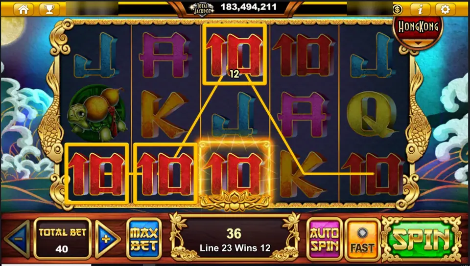 Mystery Lake of Pearl with three red 10s on line 23 paying 12, a total win of 36 at a bet of 40, and a lotus under reel 3