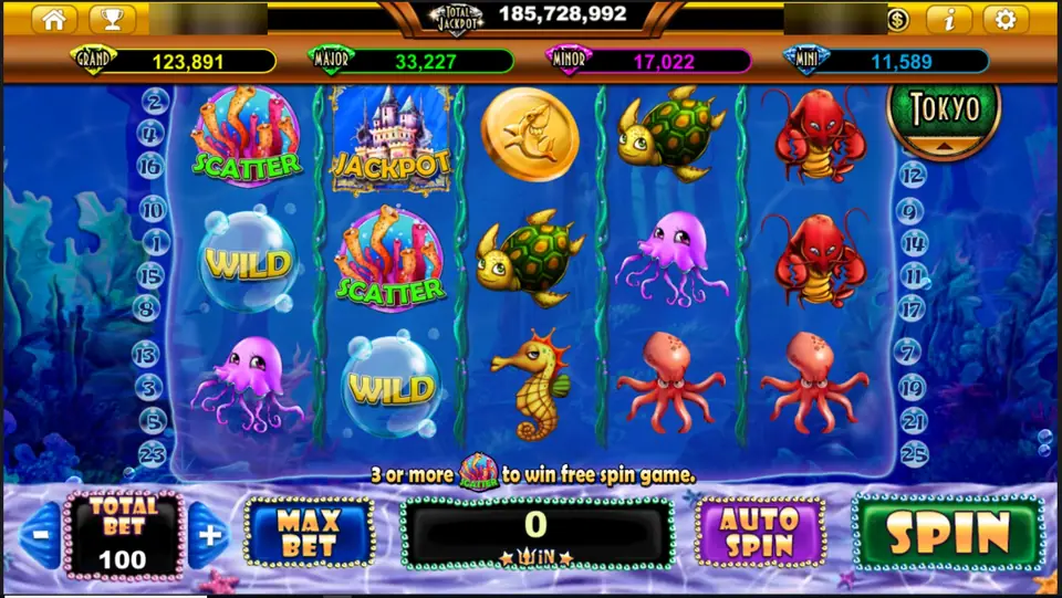 Ocean Trouble reels with coral scatters, bubble wilds and a castle JACKPOT symbol at a bet of 100
