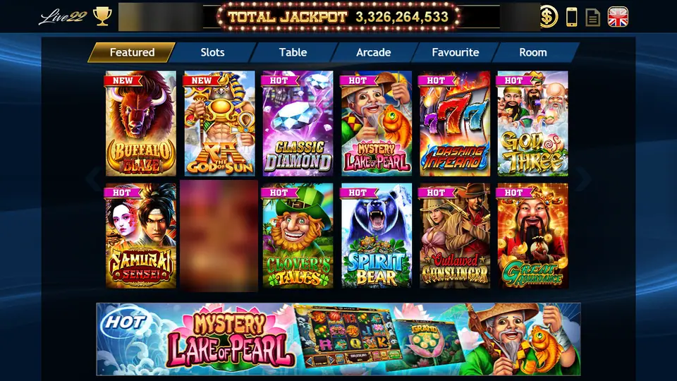 Live22 lobby with Featured, Slots, Table, Arcade, Favourite and Room tabs, a Total Jackpot counter and a Mystery Lake of Pearl banner
