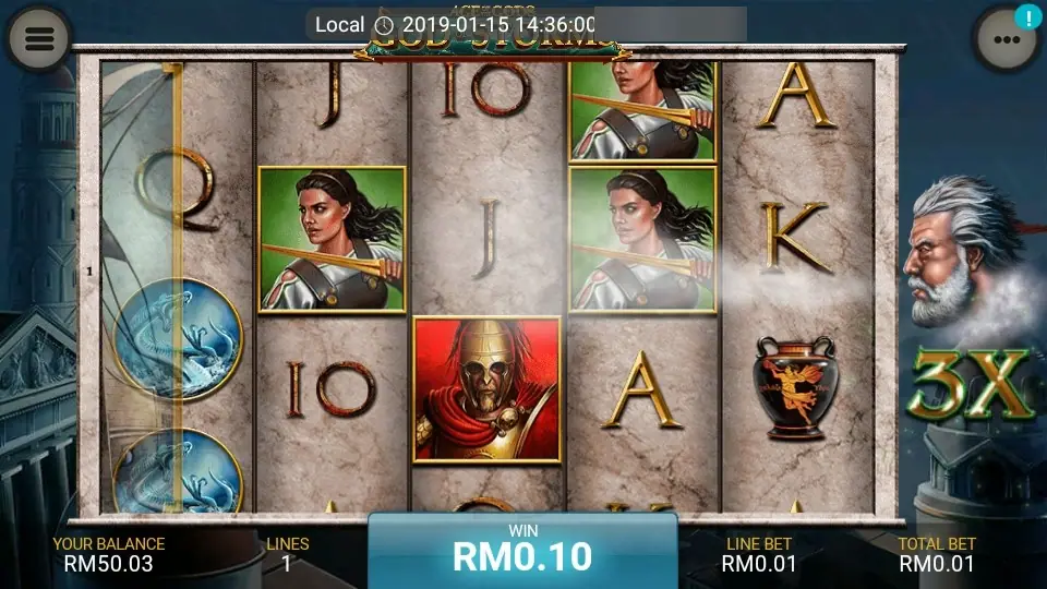 God of Storms on LPE88: a bearded god at the side of the reels with a 3X multiplier, warrior and vase symbols, win RM0.10