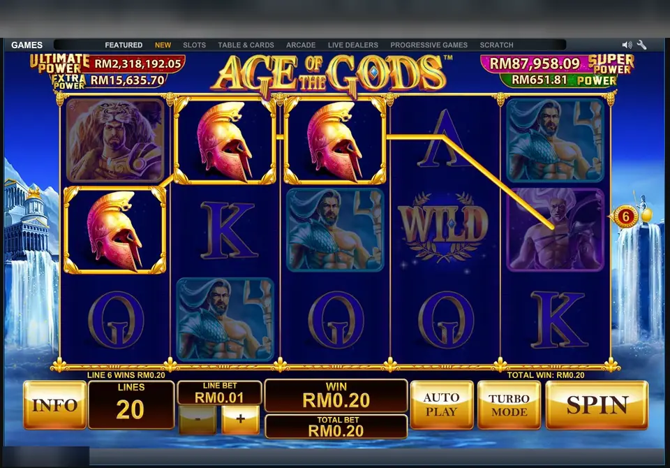 Age of the Gods on LPE88: three gold helmets win RM0.20 on line 6, with the four Power jackpot counters above the reels