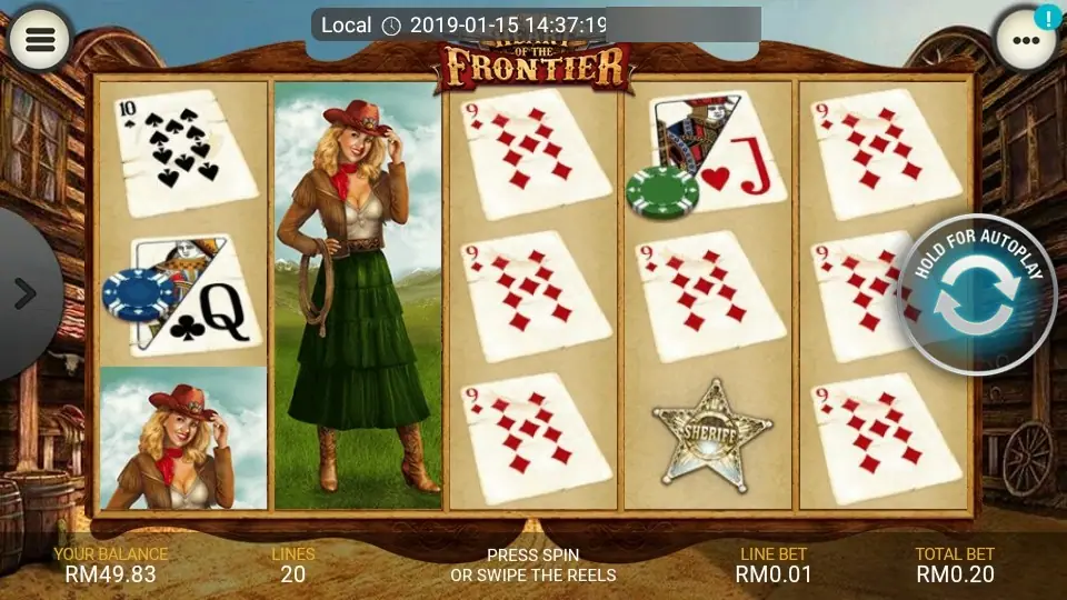 Heart of the Frontier on LPE88: playing card symbols, a stacked cowgirl on reel two and a sheriff's star, 20 lines at RM0.20