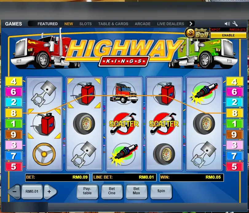 Highway Kings on LPE88: fuel cans and a truck on line 8, two SCATTER silencers and the Dollar Ball box, bet RM0.09