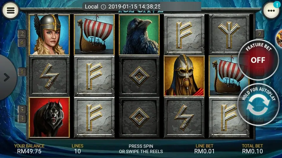 Ice Cave on LPE88: a Valkyrie, a longship, a raven and a wolf among rune stones, Feature Bet off, 10 lines at RM0.10