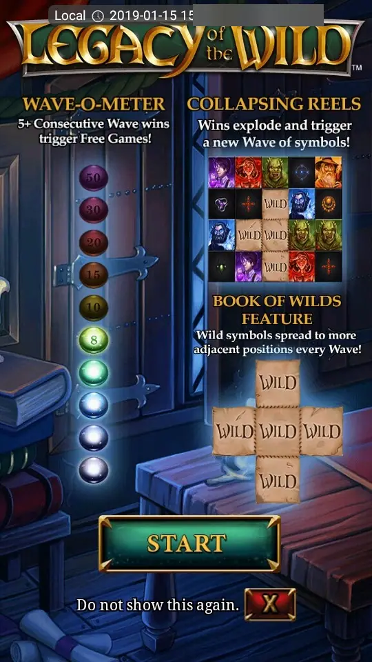 Legacy of the Wild intro screen on LPE88 explaining the Wave-o-Meter, Collapsing Reels and Book of Wilds features
