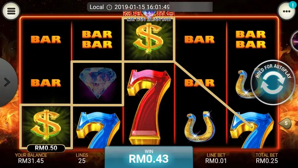 Lie Yan Zuan Shi on LPE88: dollar signs, a diamond and red and blue 7s on 25 lines at RM0.25, a win of RM0.43