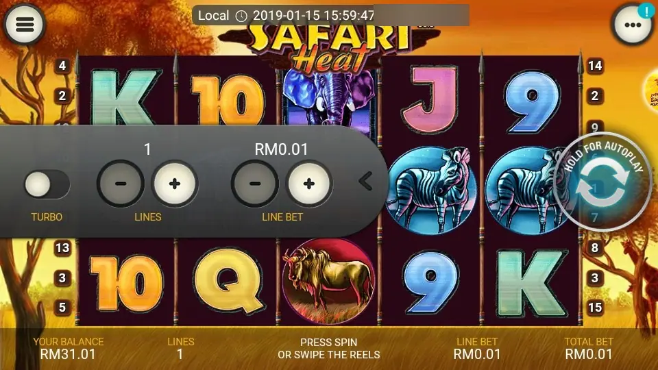 Safari Heat in the LPE88 app with the settings panel open: Turbo switch, Lines set to 1 and Line Bet RM0.01
