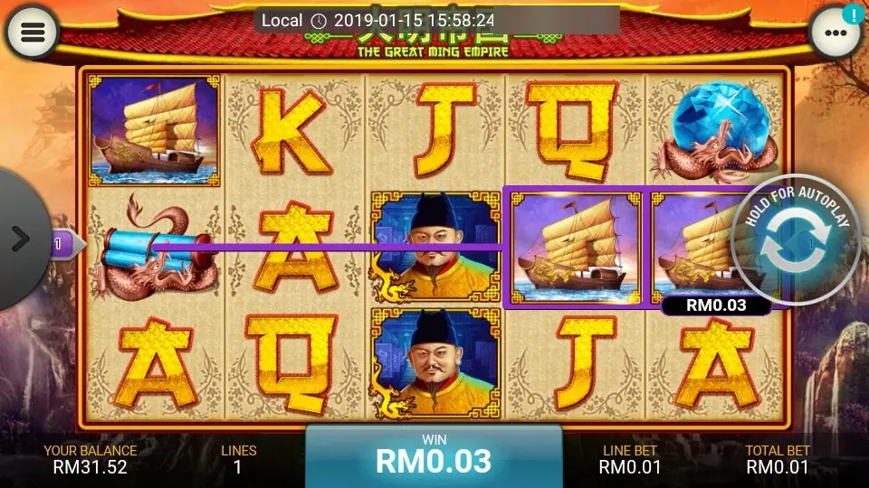 The Great Ming Empire on LPE88: a scroll, two Ming officials and two junks on line 1 for a win of RM0.03